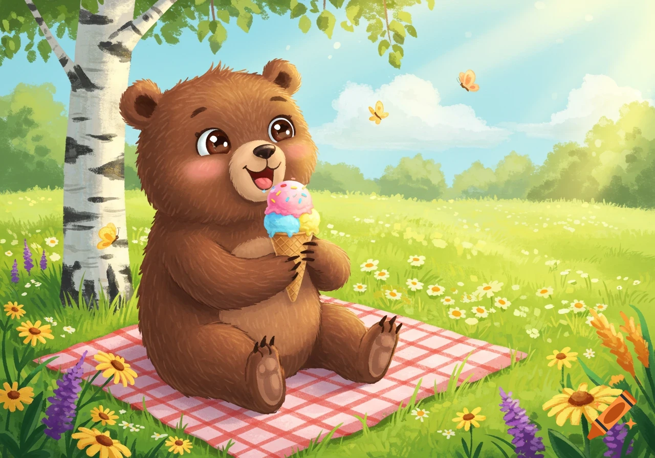 A cute cartoon bear sits on a red and white picnic blanket in a sunny meadow, happily eating a colorful ice cream cone.