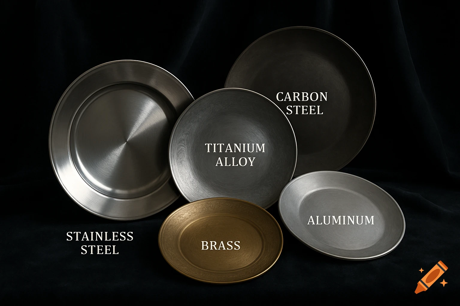 Five metal plates of stainless steel, titanium alloy, carbon steel, brass, and aluminum, each labeled, on a dark background.