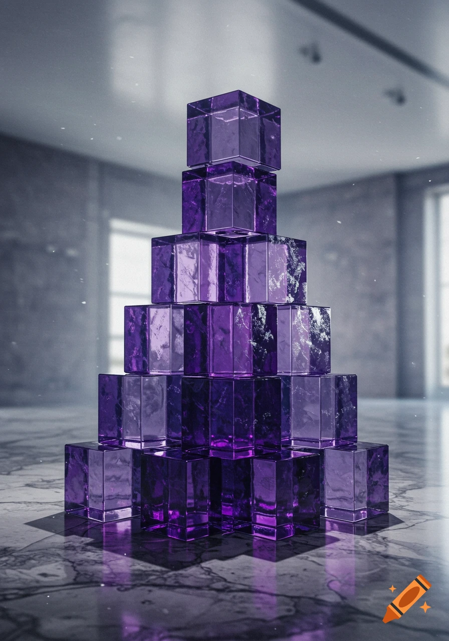 Photorealistic image of shiny purple glass cubes stacked in a pyramid shape on a reflective marble floor in a modern room.