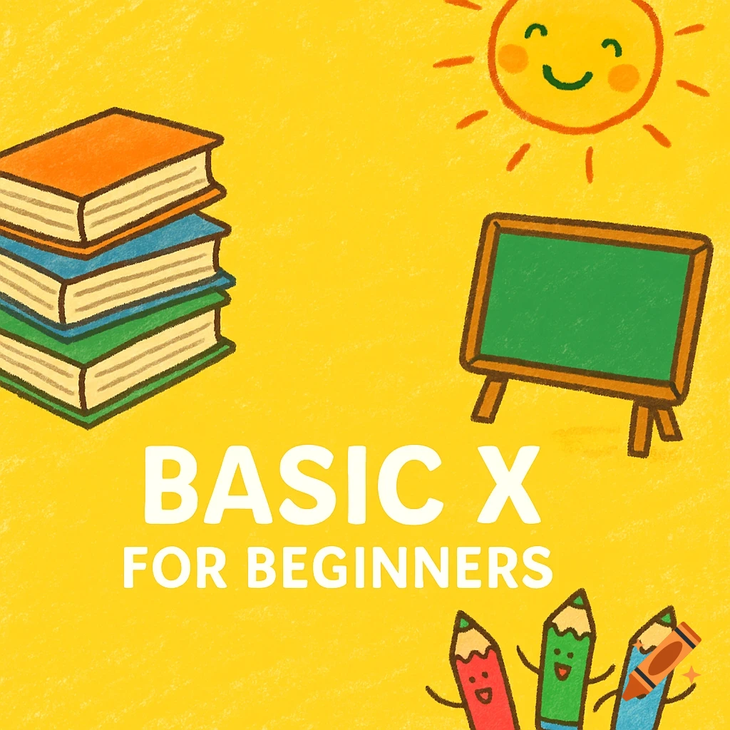 A cheerful, crayon-style illustration with a stack of books, a chalkboard, a smiling sun, and happy pencils on a yellow background. Text reads 'BASIC X FOR BEGINNERS'.