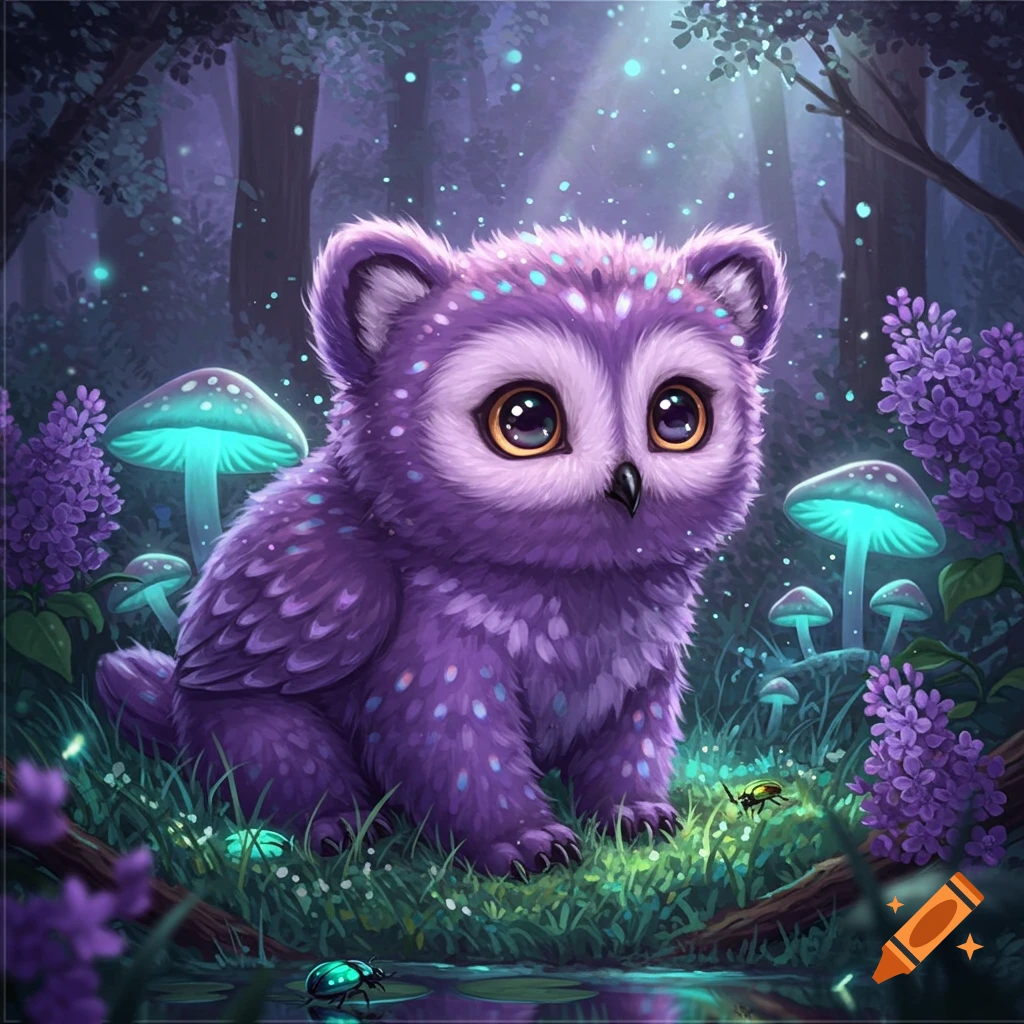 A cute, fluffy purple owlbear cub with large eyes sits in a glowing, magical forest with turquoise mushrooms and purple flowers. Digital art style.