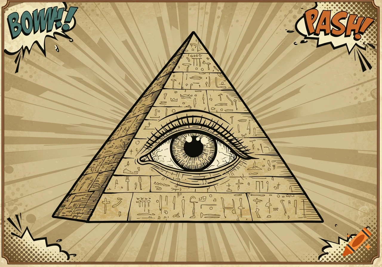 Vintage comic book illustration of the Eye of Providence on a pyramid with hieroglyphs and speech bubbles saying 'BOWW!' and 'PASH!'.