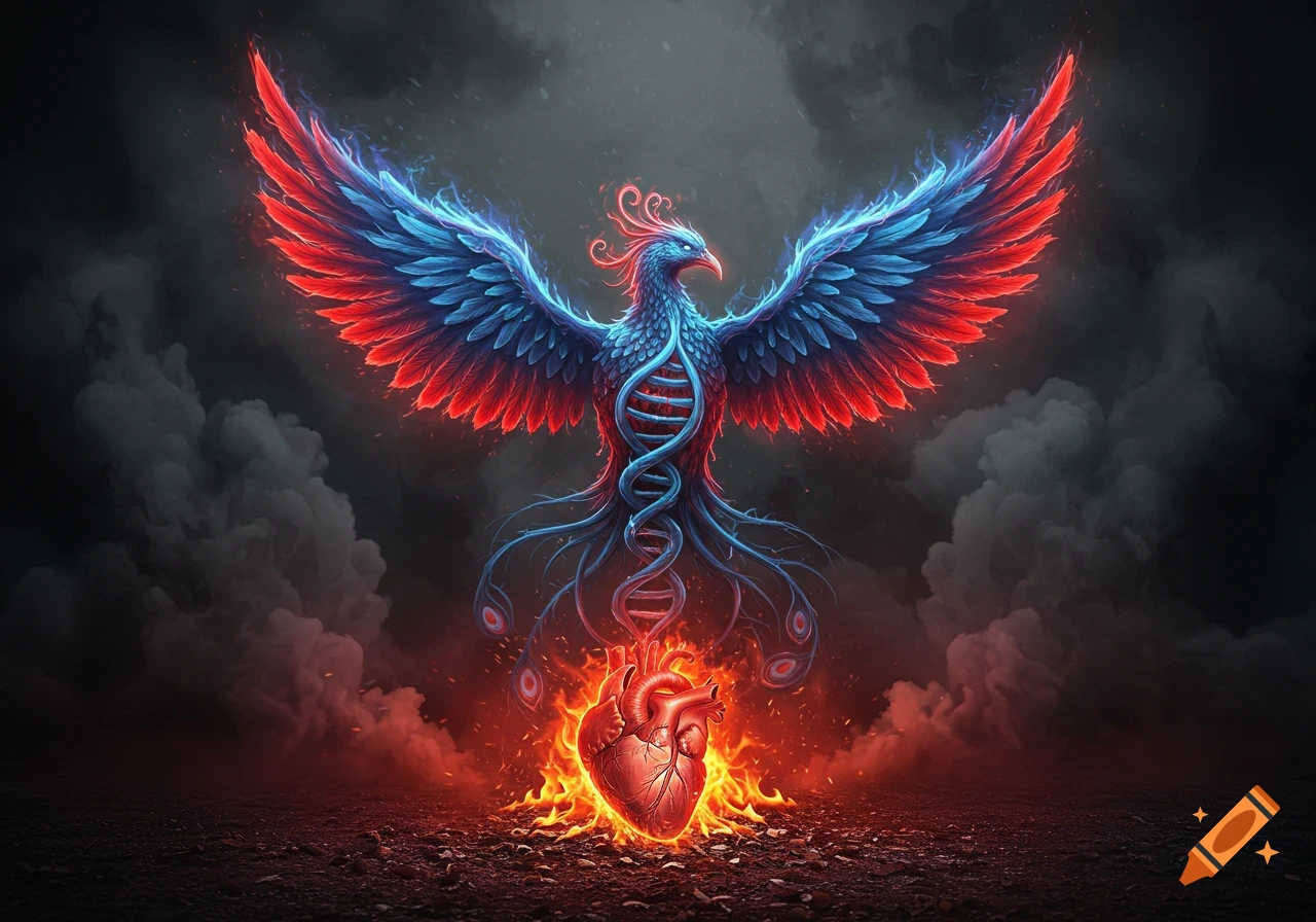 A blue and red flaming phoenix with DNA strands in its body and tail rises from fire above an anatomical heart, dark smoky background.
