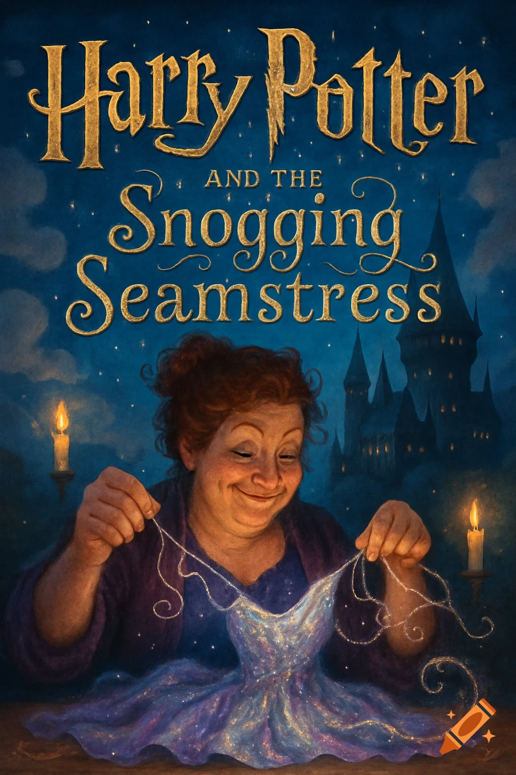Whimsical book cover for 'Harry Potter and the Snogging Seamstress', featuring a smiling old woman sewing a sparkly dress with a castle.