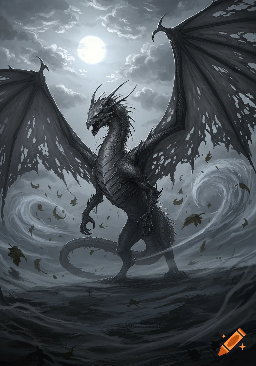 Monochrome illustration of a powerful dragon with torn, tattered wings, standing under a bright full moon in a stormy, windswept landscape with swirling leaves.