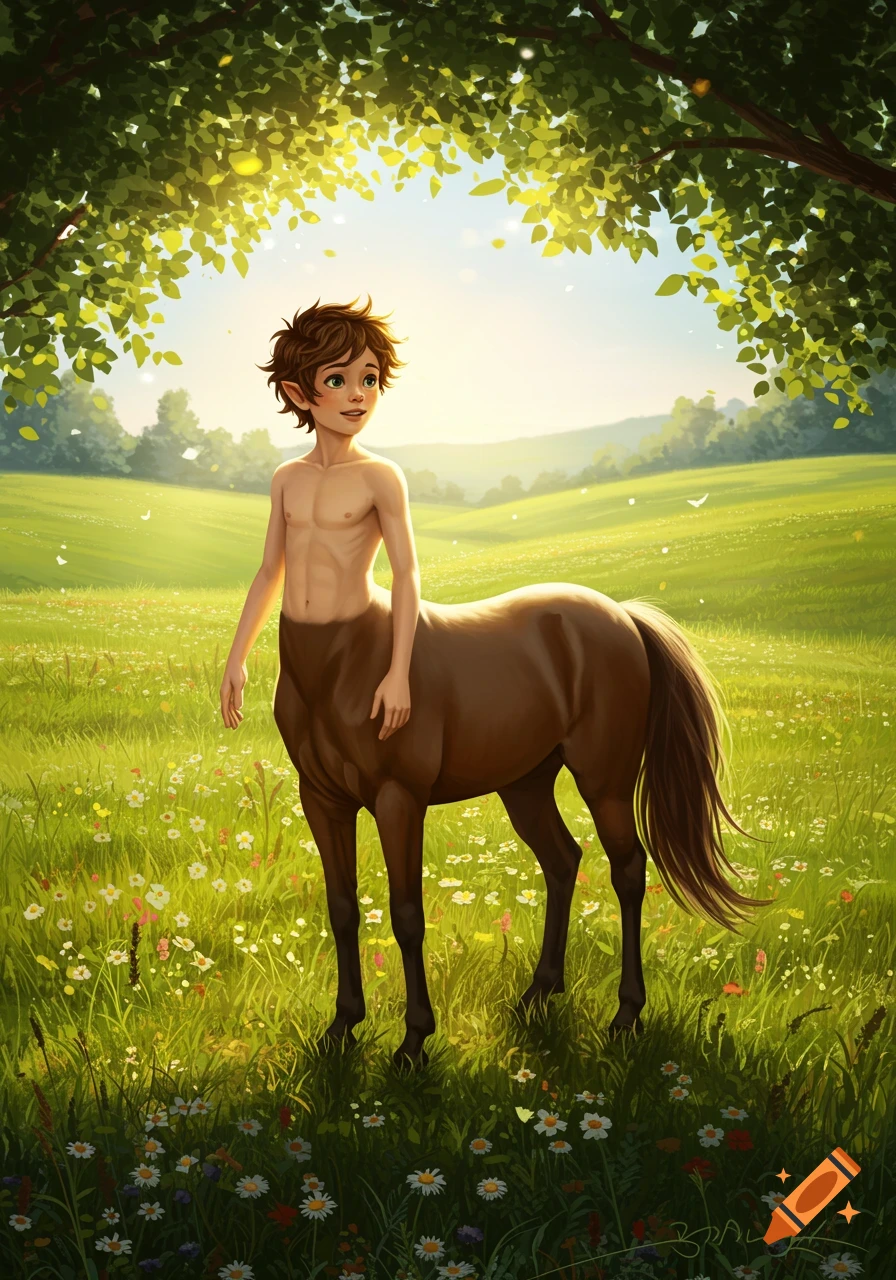A young boy centaur with pointed ears stands in a vibrant, sunny meadow filled with wildflowers under the shade of a tree.