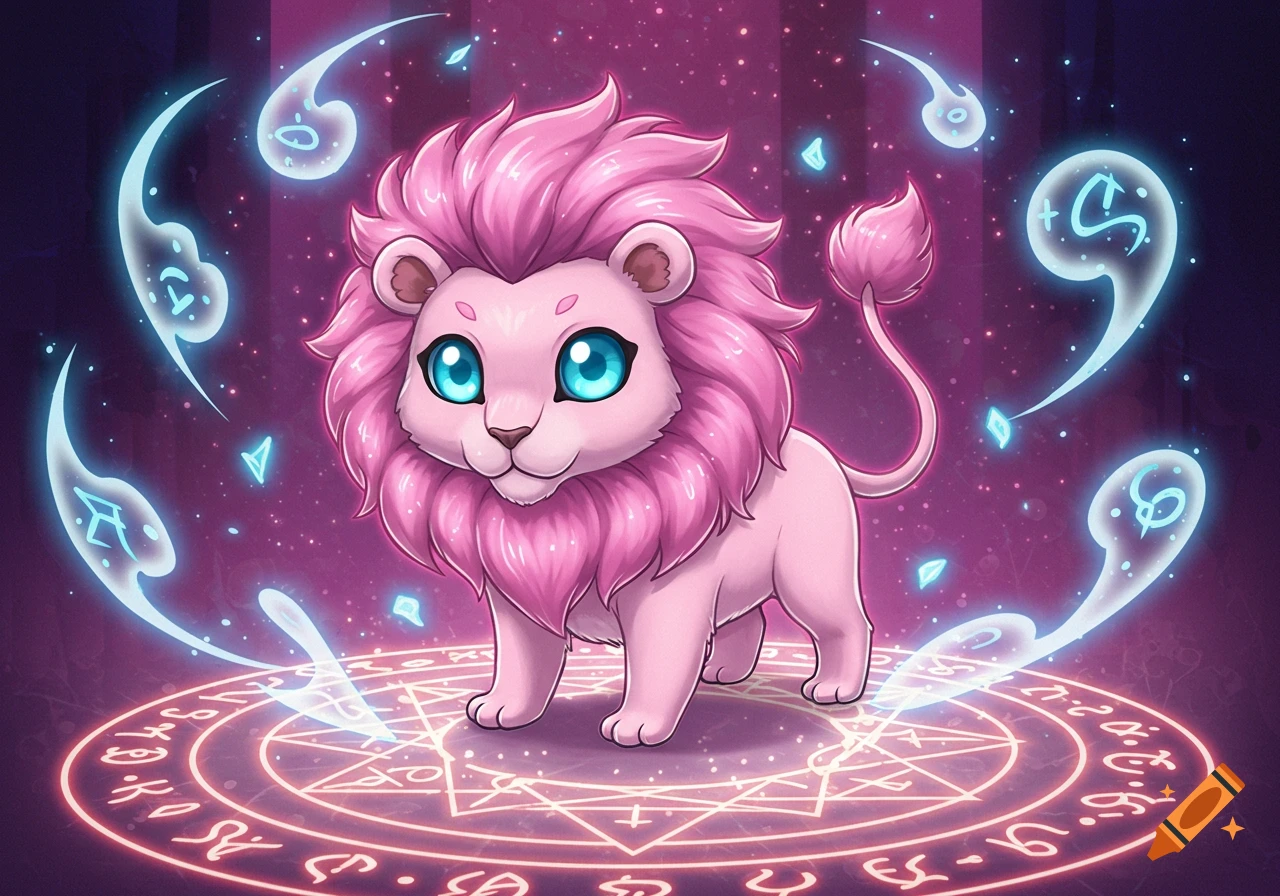 A cute, pink, fluffy lion with big blue eyes stands on a glowing magic circle, surrounded by floating blue magical symbols against a starry purple background, in an anime style.