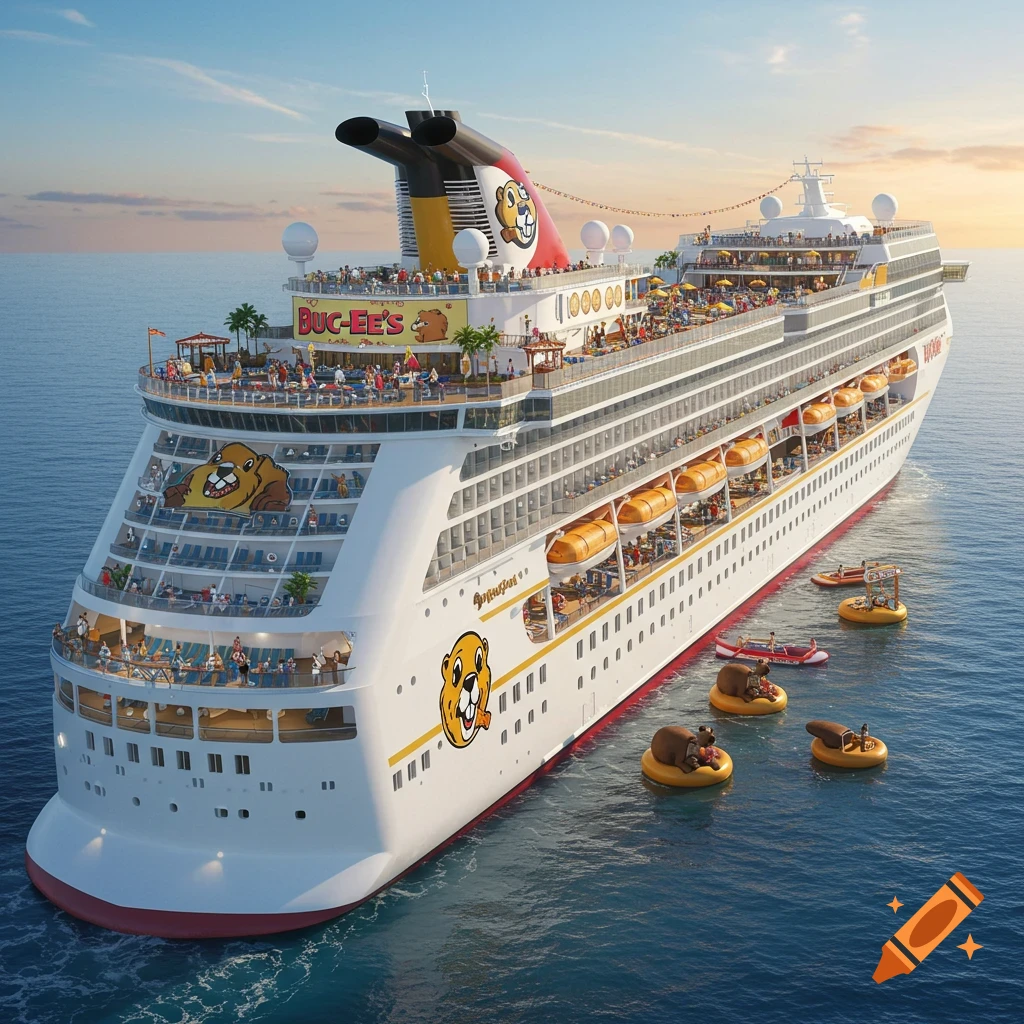 A large, white cruise ship decorated with Buc-ee's beaver logos and branding, sailing on blue water under a bright sky at sunset. Several beaver-shaped floats are in the water nearby.