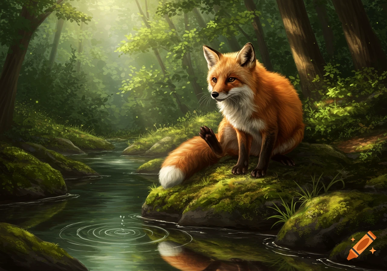 A red fox sits on a mossy rock by a stream in a sunlit forest, illustrated in a digital painting style.