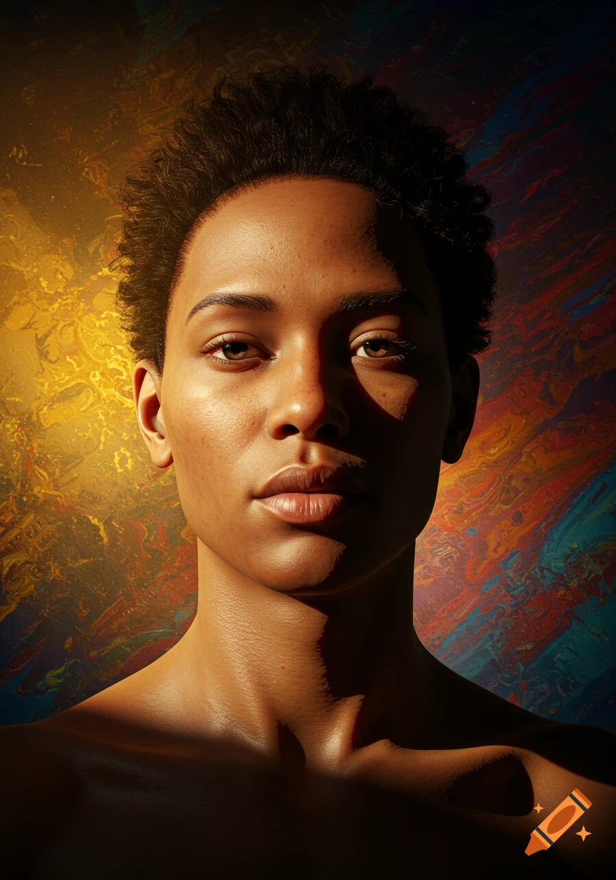 Close-up portrait of a person with short dark curly hair, dramatic lighting, and an abstract, colorful background.