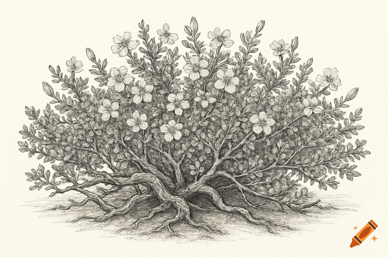 Highly detailed black and white botanical illustration of an antelope bitterbrush shrub with gnarled branches, small leaves, and five-petaled flowers.