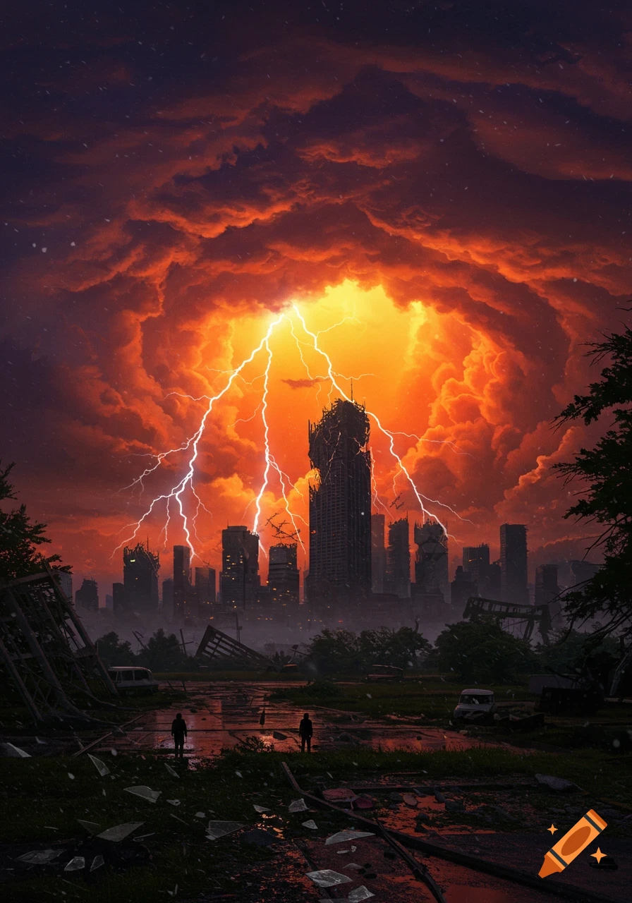 Two figures in a ruined wasteland face a destroyed city under a fiery orange, lightning-filled sky.