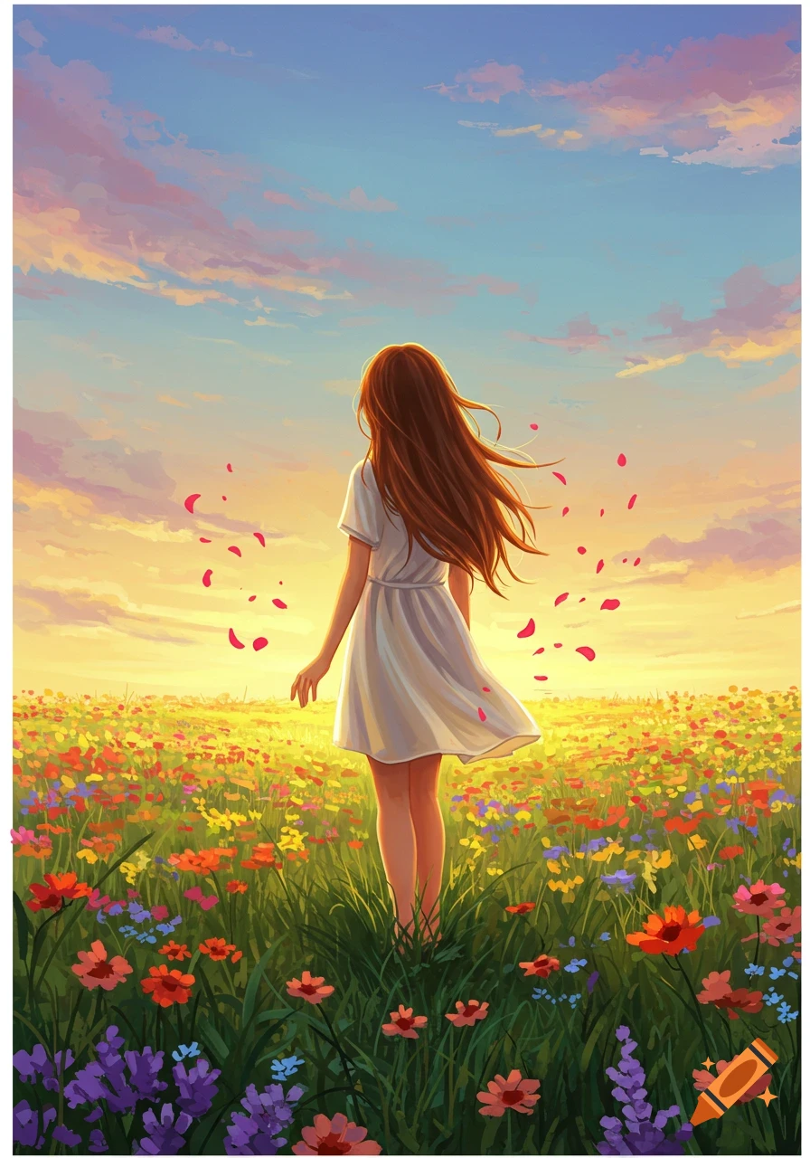 A girl with long brown hair stands in a vibrant field of colorful flowers, facing a golden sunset under a pastel sky. Stylized illustration.