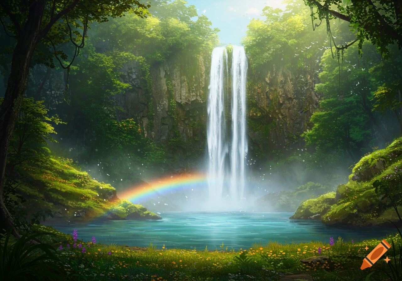 A stunning waterfall cascades into a clear pool in a vibrant green forest, with a colorful rainbow arching over the water.