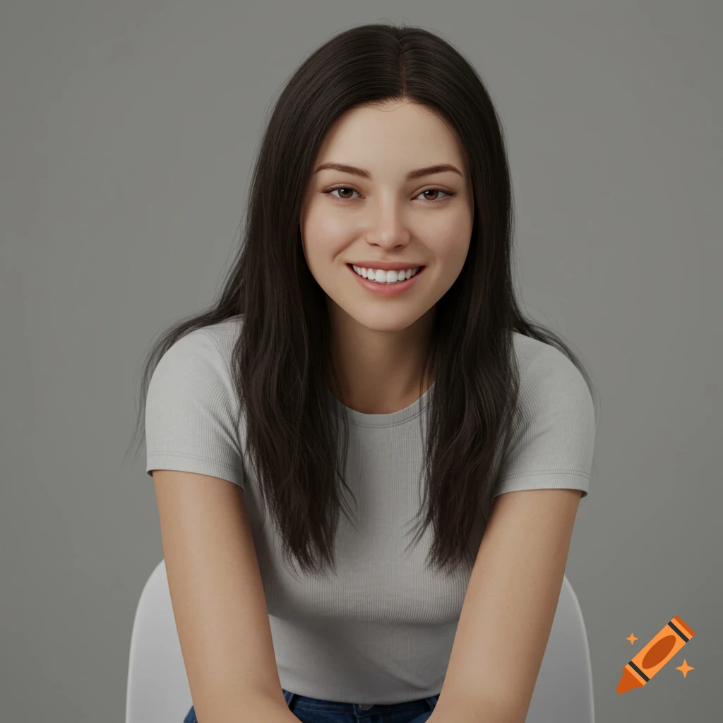 Photorealistic portrait of a smiling young woman with long dark hair, wearing a grey t-shirt, sitting against a grey background.