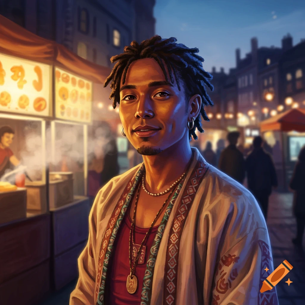 A smiling mixed-race man with dreadlocks wears a patterned jacket and necklaces at a bustling night market.