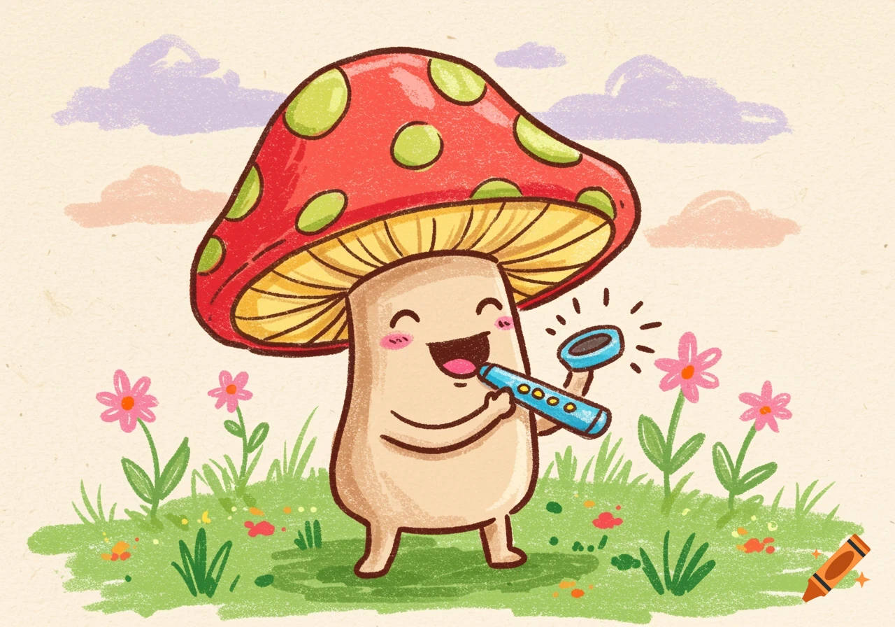 Happy cartoon mushroom with a red spotted cap playing a blue kazoo in a green field with pink flowers, crayon drawing style.