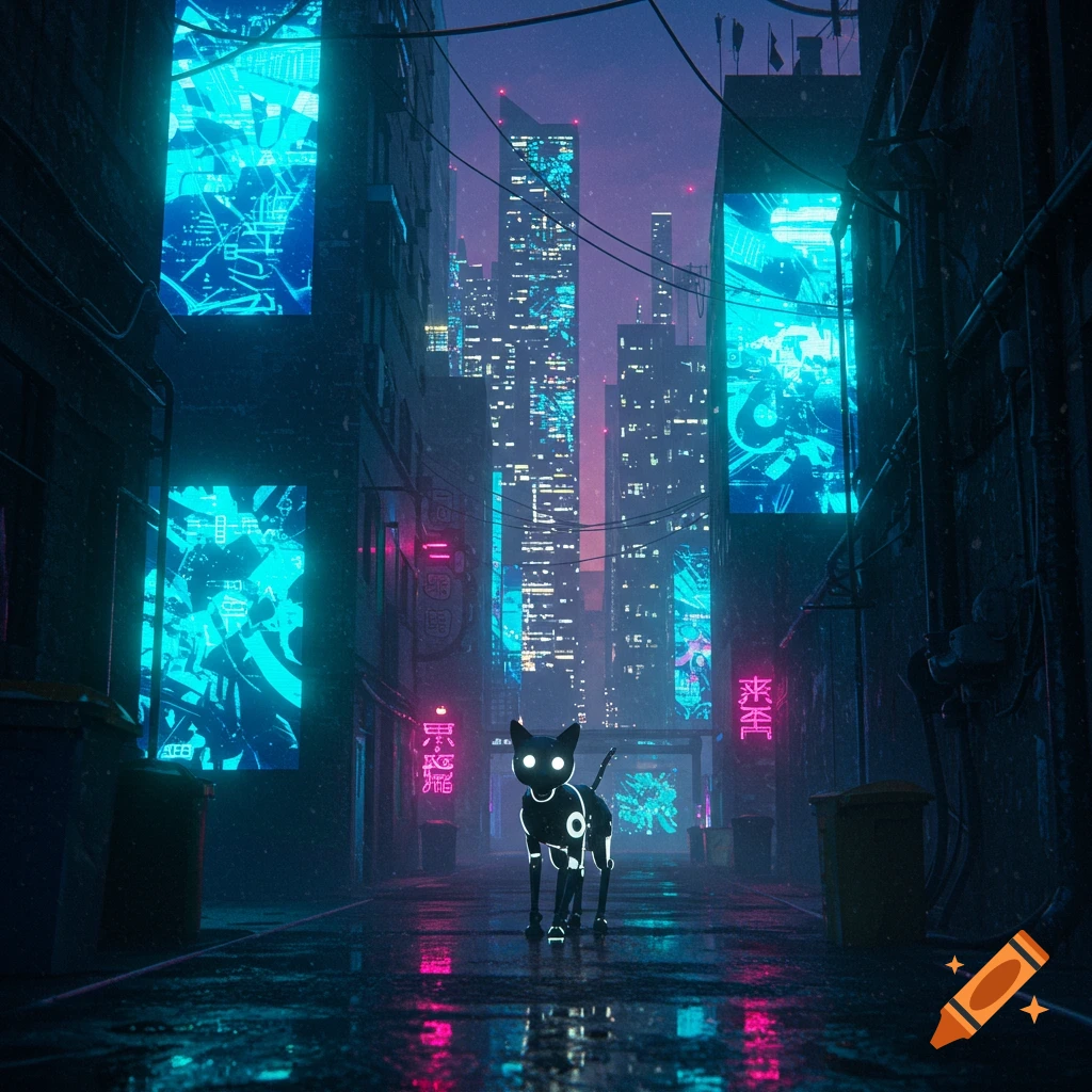 A glowing robot cat walks down a wet cyberpunk alley at night, flanked by dark buildings and vibrant neon signs.