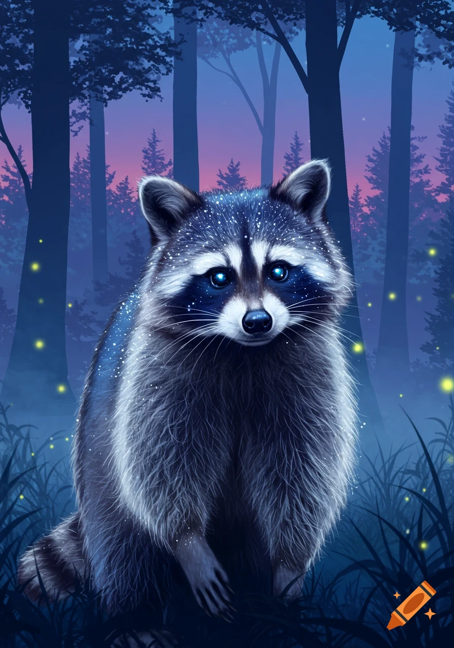 An ethereal raccoon with glowing blue eyes and sparkling fur in a dark, magical forest at dusk with fireflies.