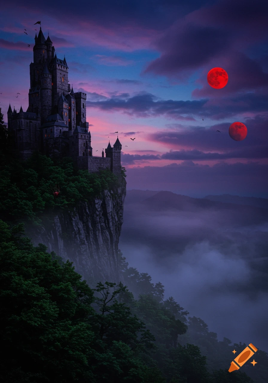 A gothic castle atop a misty cliff, under a purple twilight sky with two blood-red moons.