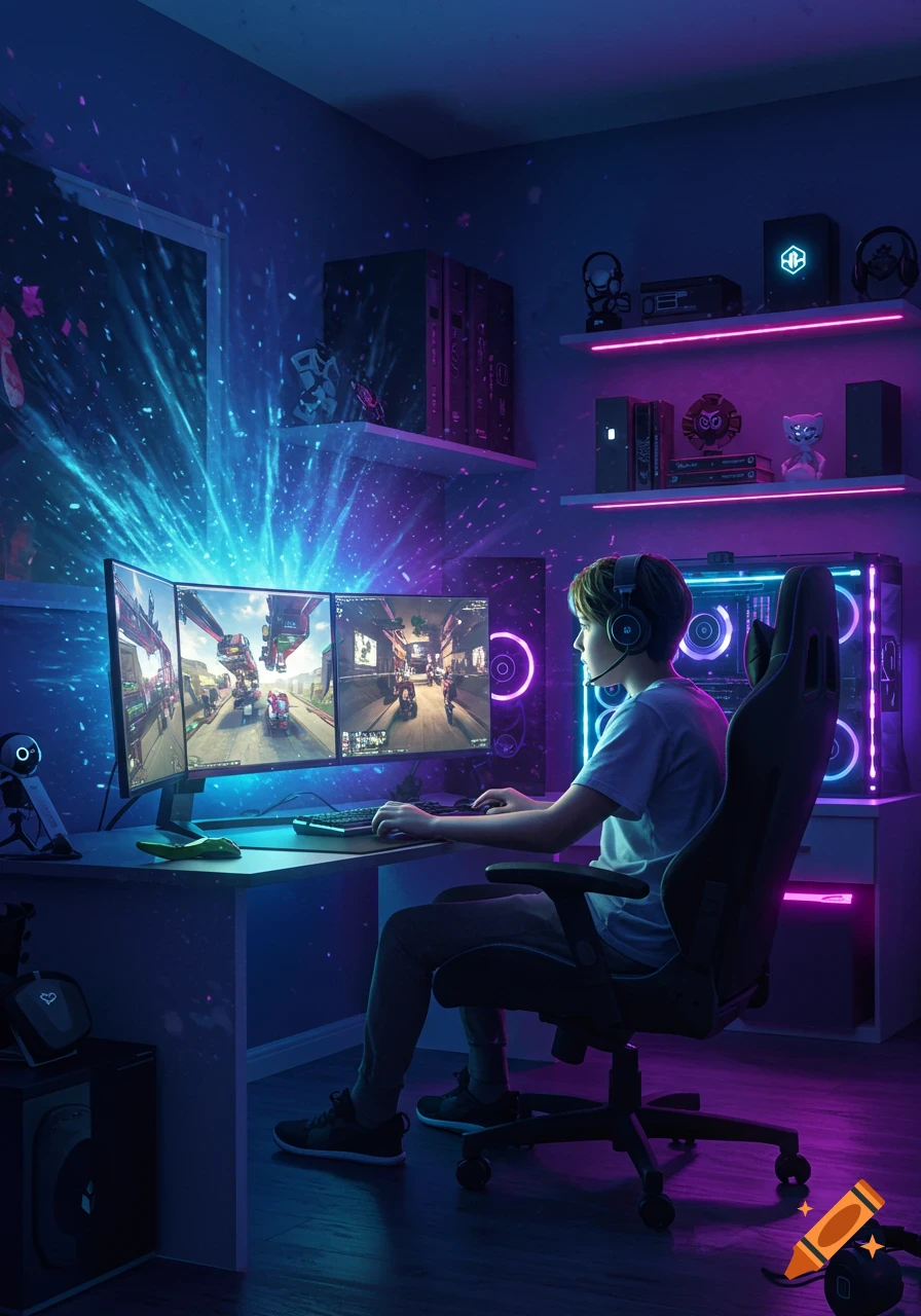 A young person plays video games on a triple monitor setup in a neon-lit, futuristic gaming room.
