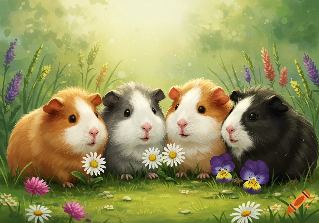 Four cute guinea pigs in a grassy field with daisies and other flowers, rendered in a watercolor style.