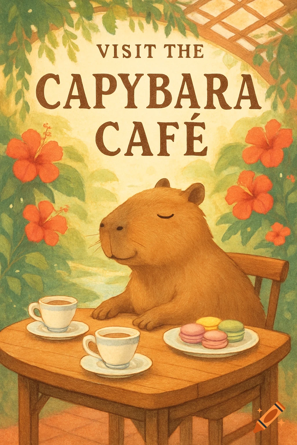 An illustration of a capybara sitting at a cafe table with coffee and macarons, under text that reads 'Visit the Capybara Cafe'.