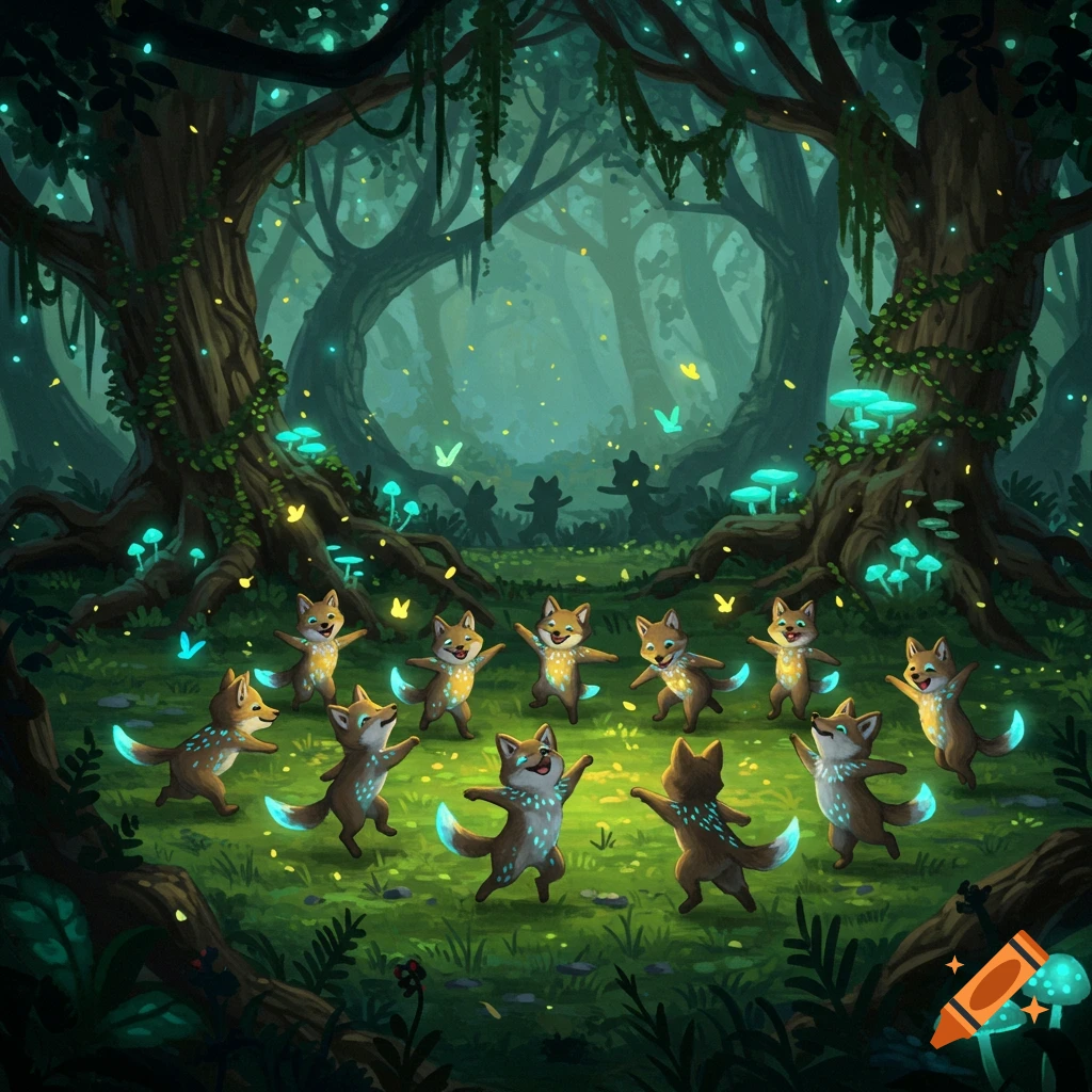 Cartoon fox-like creatures with glowing markings dancing in a magical, bioluminescent forest with glowing mushrooms and fireflies.