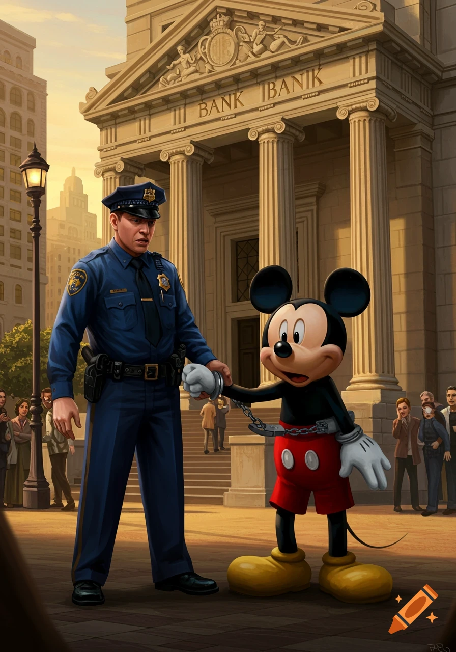 Mickey Mouse is being arrested by a police officer, standing in handcuffs in front of a large bank building at sunset. Illustrated style.