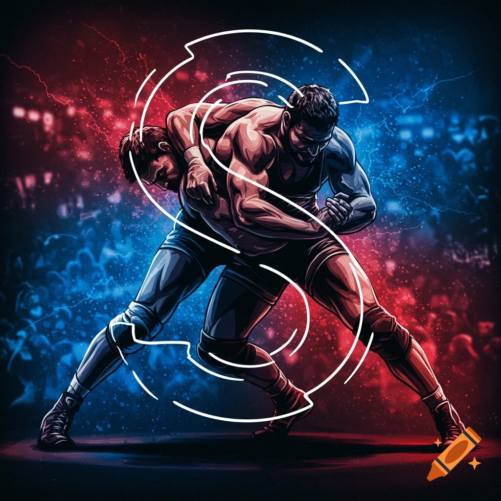 Stylized illustration of two wrestlers grappling, with dynamic red and blue lighting and white swirling lines.