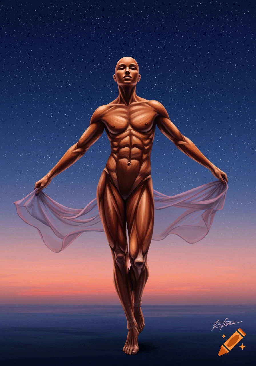 Stylized muscular figure with exposed anatomy against a starry night and sunset sky, holding flowing fabric.