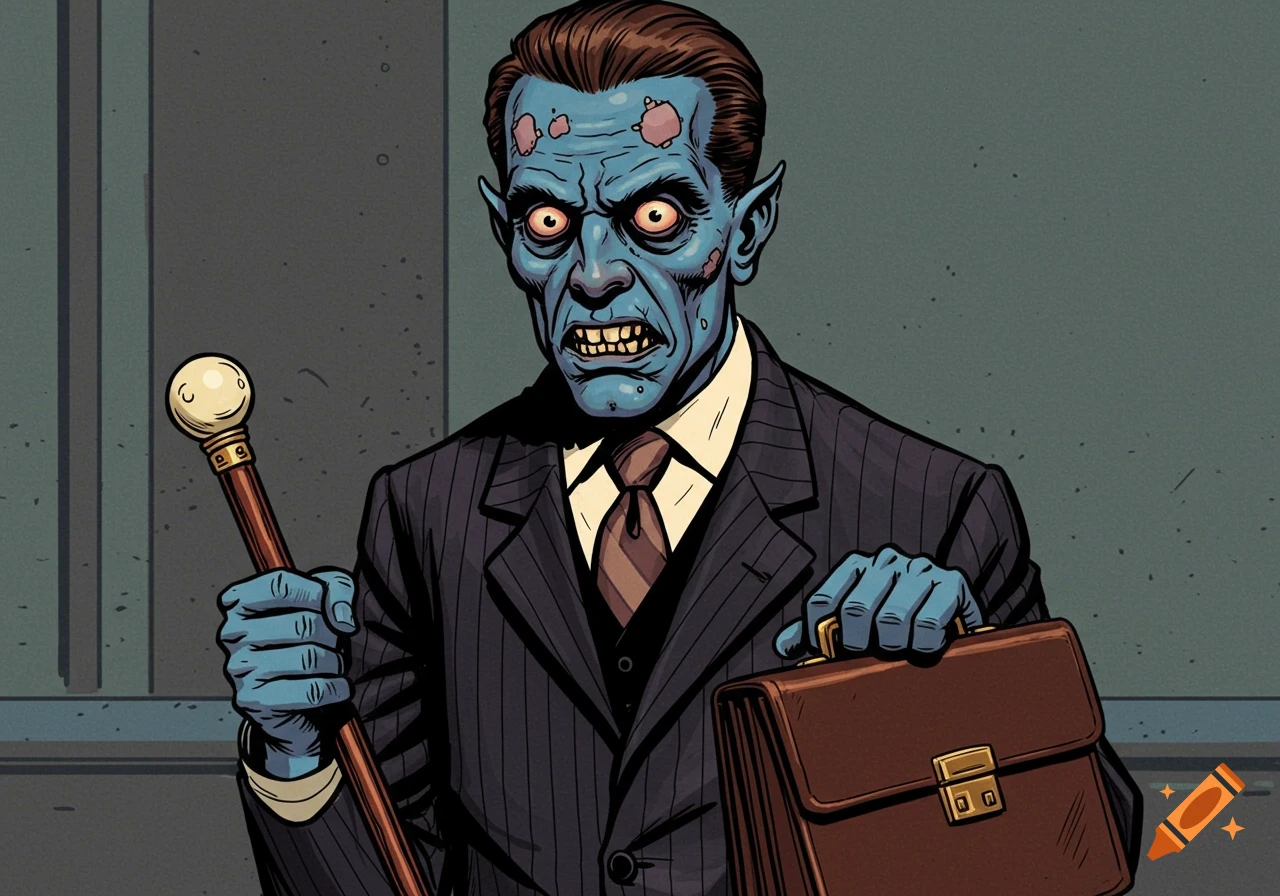 A ghoulish man with blue skin, bulging eyes, and visible teeth, dressed in a pinstripe business suit, holding a walking cane and a leather briefcase, in a Silver Age comic book style.