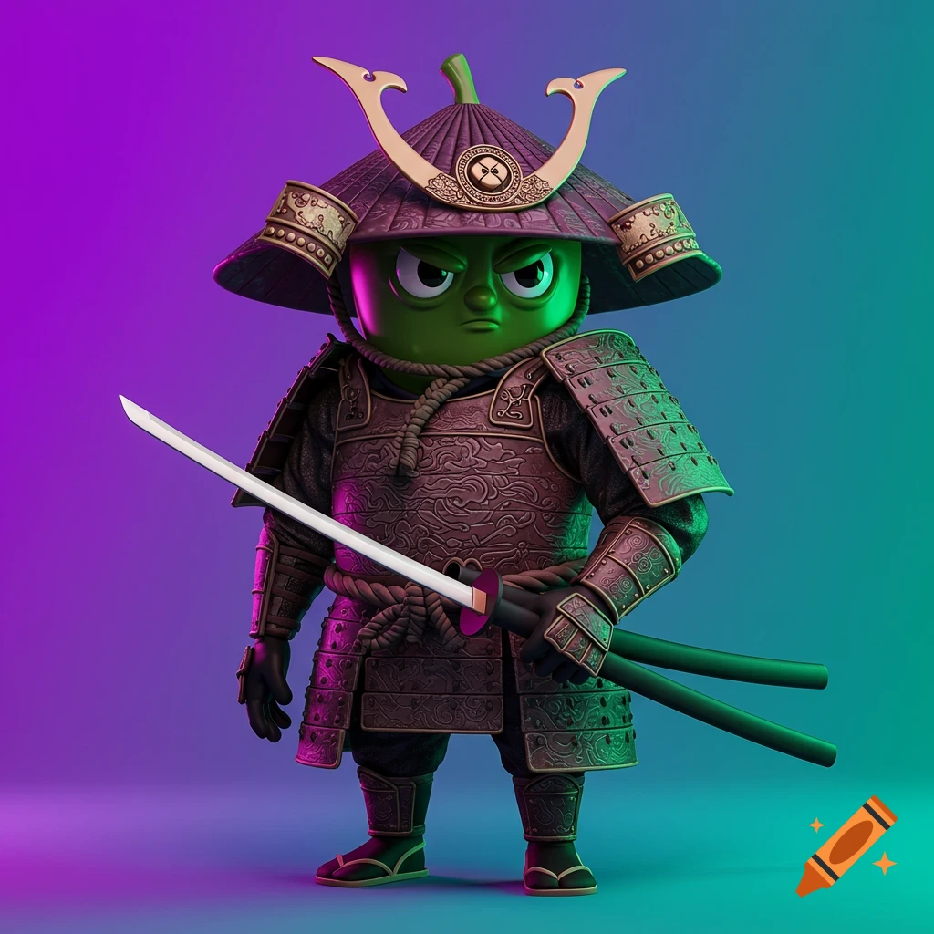 A stylized green pepper character, resembling a samurai, wears detailed armor and a helmet, holding a katana against a vibrant neon purple and blue background.