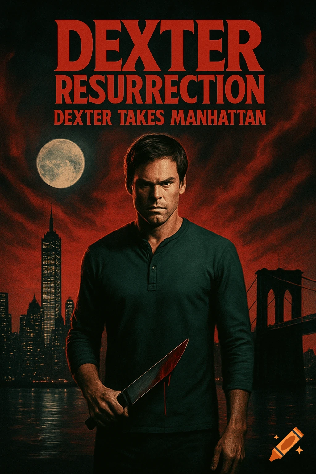 Dexter Morgan holding a bloody knife, standing before a red Manhattan skyline, with the title "Dexter Resurrection: Dexter Takes Manhattan".