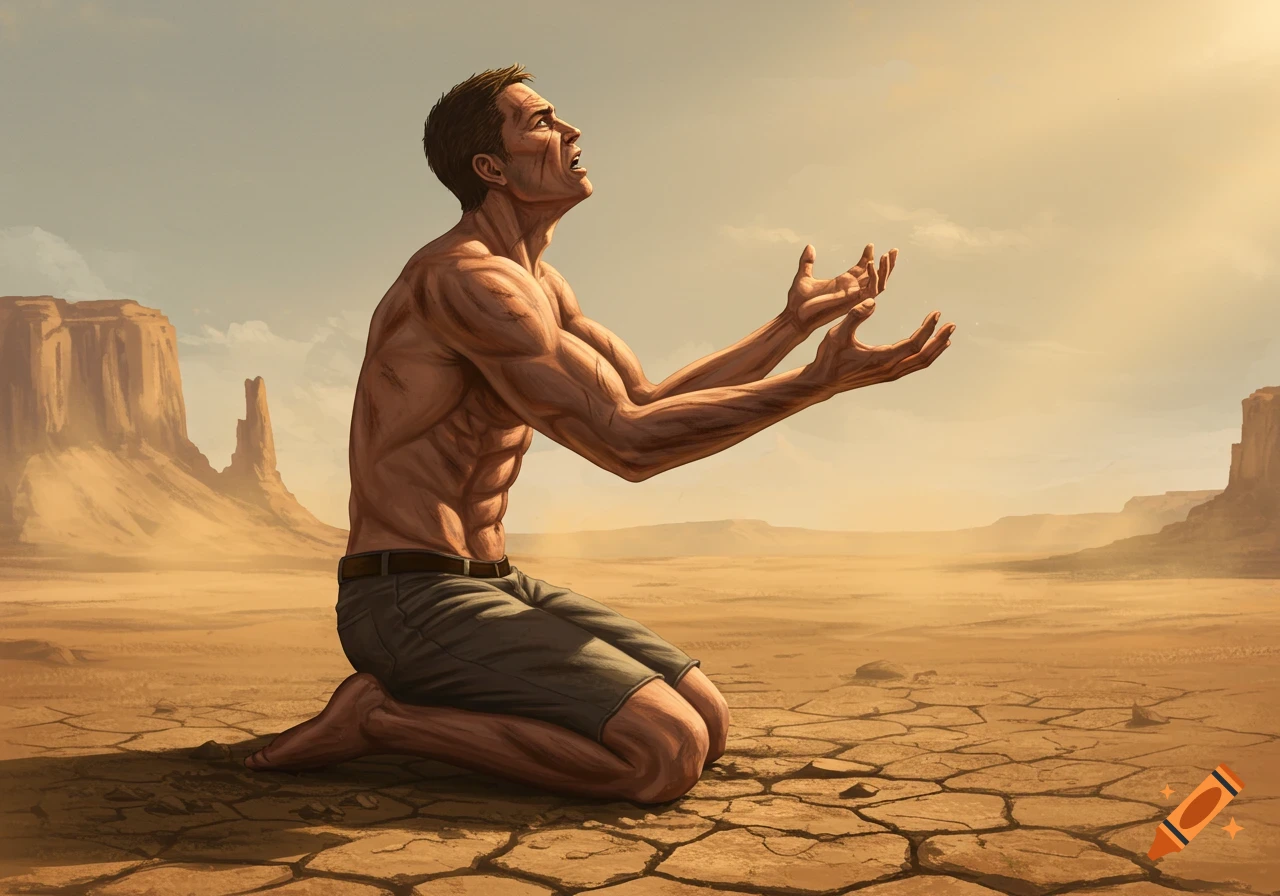 A muscular, shirtless man kneels in a cracked desert, hands upturned, looking up with a pained expression. Mesa rock formations are in the background.