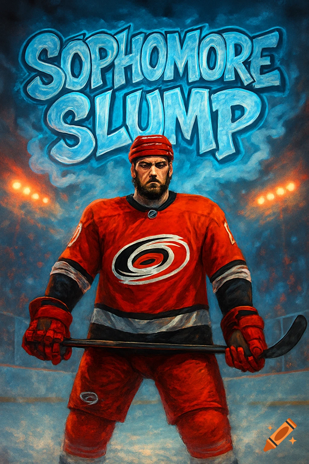 An intense hockey player in a red Carolina Hurricanes jersey holding a stick, with "SOPHOMORE SLUMP" text above him, in a dark arena.