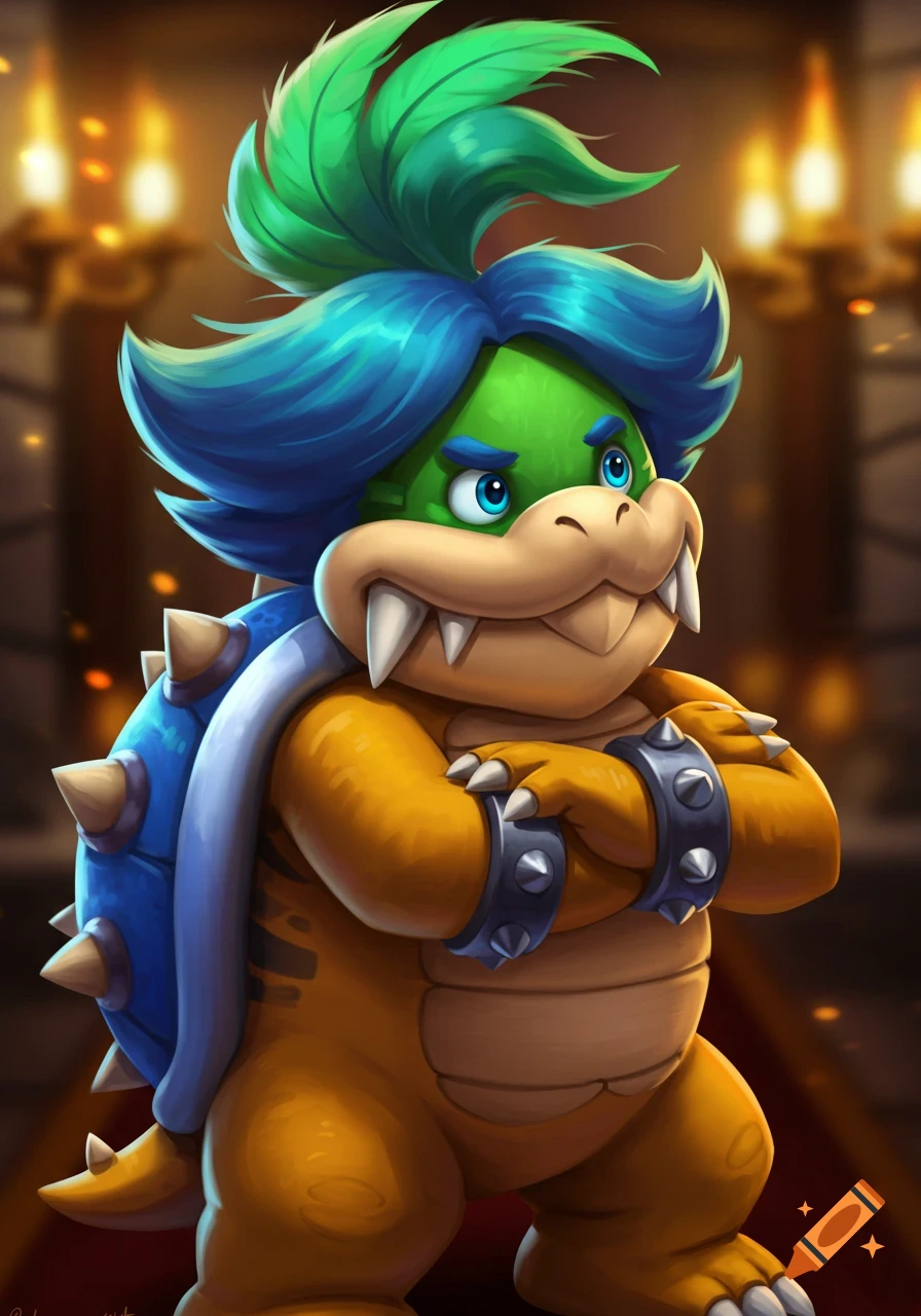 Ludwig von Koopa, a green and yellow Koopaling with spiky blue and green hair and a blue shell, stands with arms crossed in an ornate room.