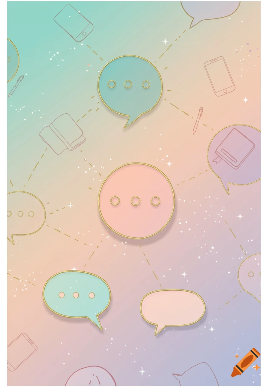 Pastel chat bubbles, phones, books, and pens connected by dashed lines on a soft gradient background with glitter in an illustration style.