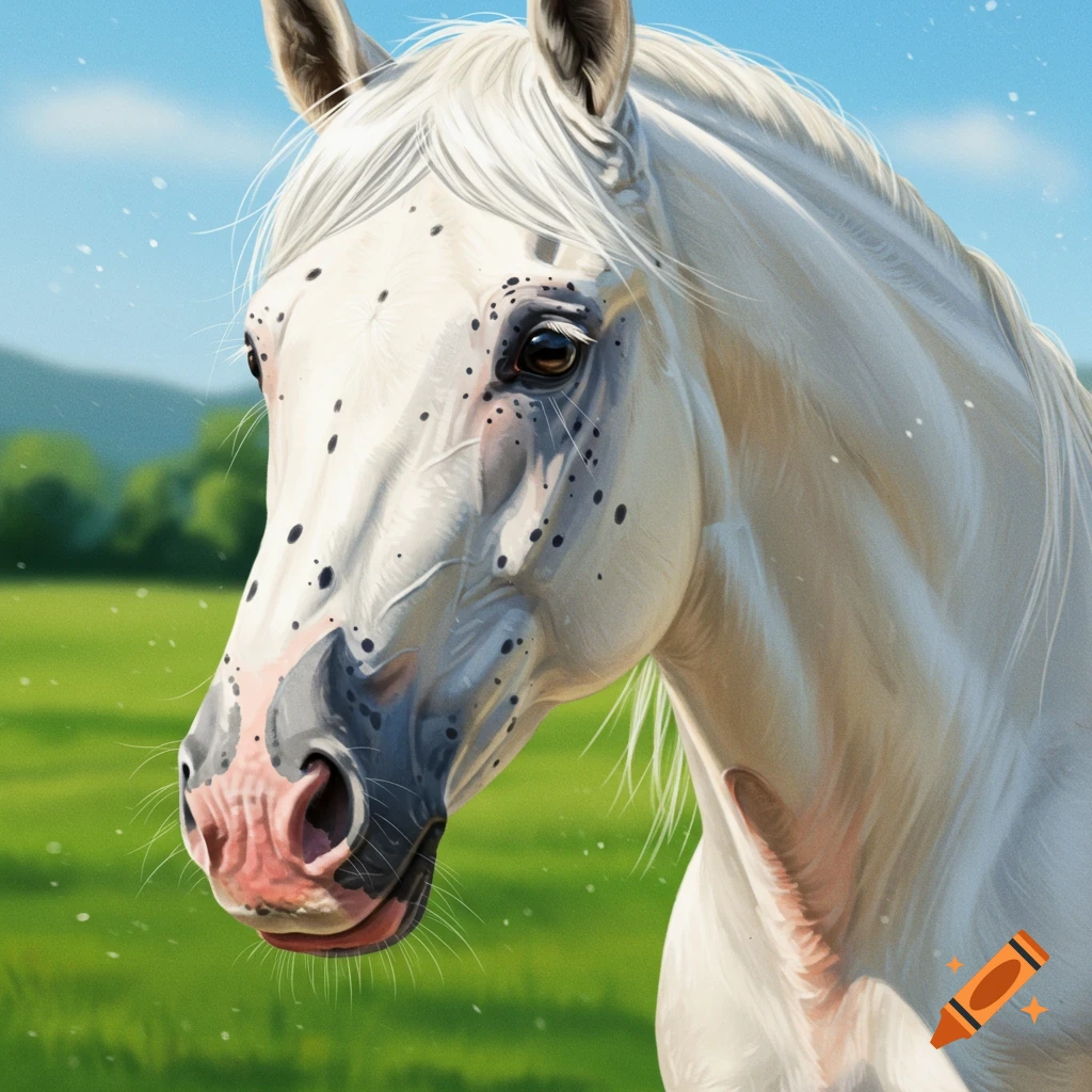 Close-up portrait of a white horse with black spots on its face, pink nose, against a green field and blue sky.
