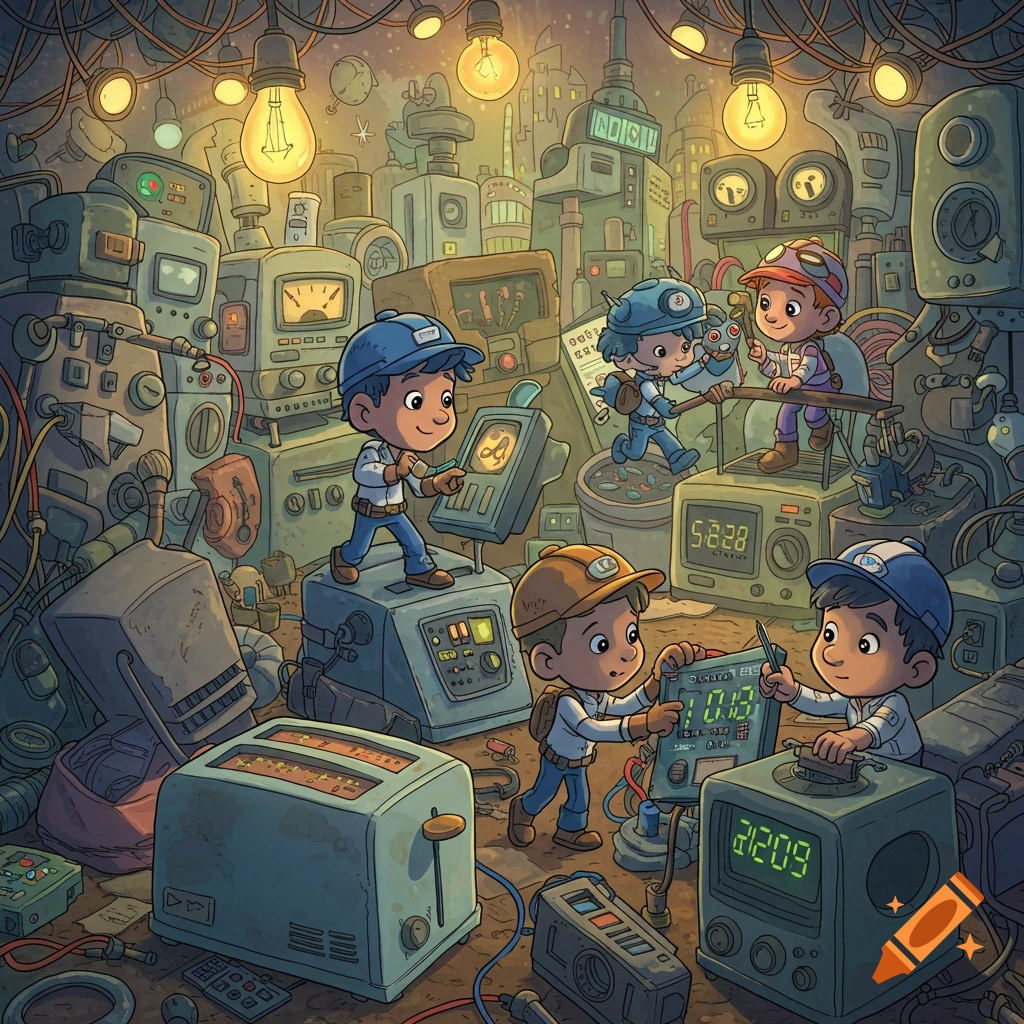 Cartoon children, resembling 'Fixies', are busy fixing various appliances and gadgets in a cluttered, workshop-like environment filled with wires, machines, and glowing light bulbs. The style is detailed and whimsical.