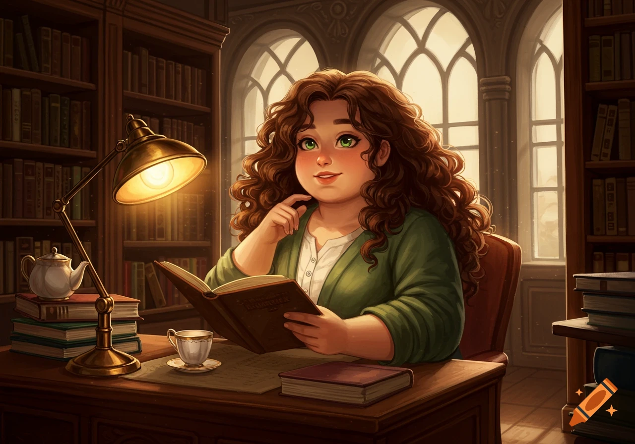 A smiling woman with long curly brown hair and green eyes reads a book at a desk in a cozy library with a lamp and tea.