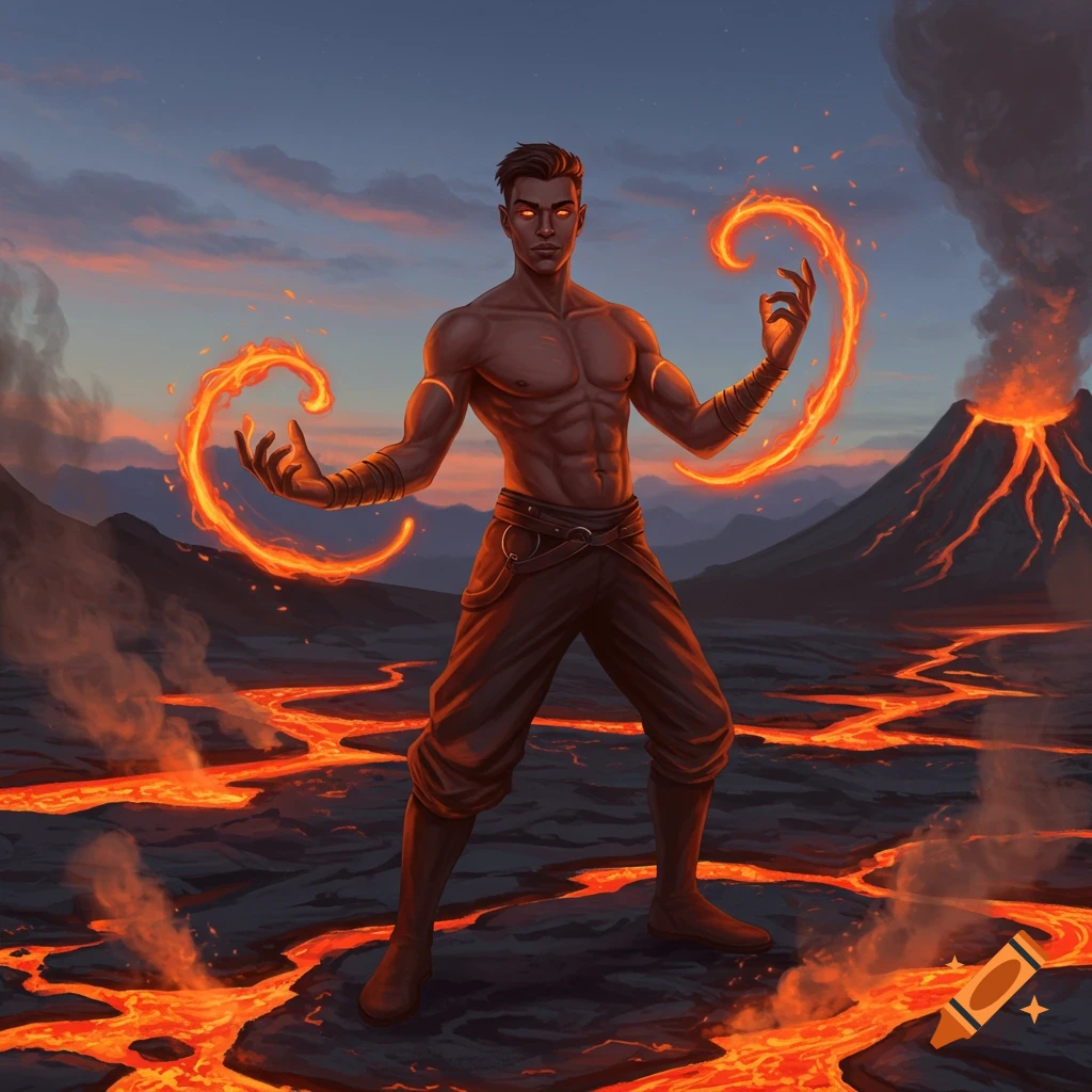 A muscular man with glowing eyes wields fire magic on a volcanic landscape with lava flows and an erupting volcano under a sunset.