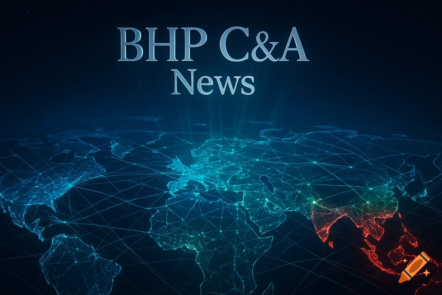 Digital world map with glowing network connections and 'BHP C&A News' text at the top.