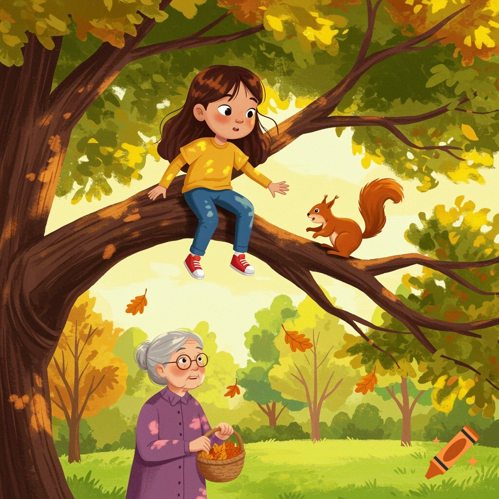 A cartoon girl on a tree branch with a squirrel, and a grandma collecting autumn leaves below in a park.