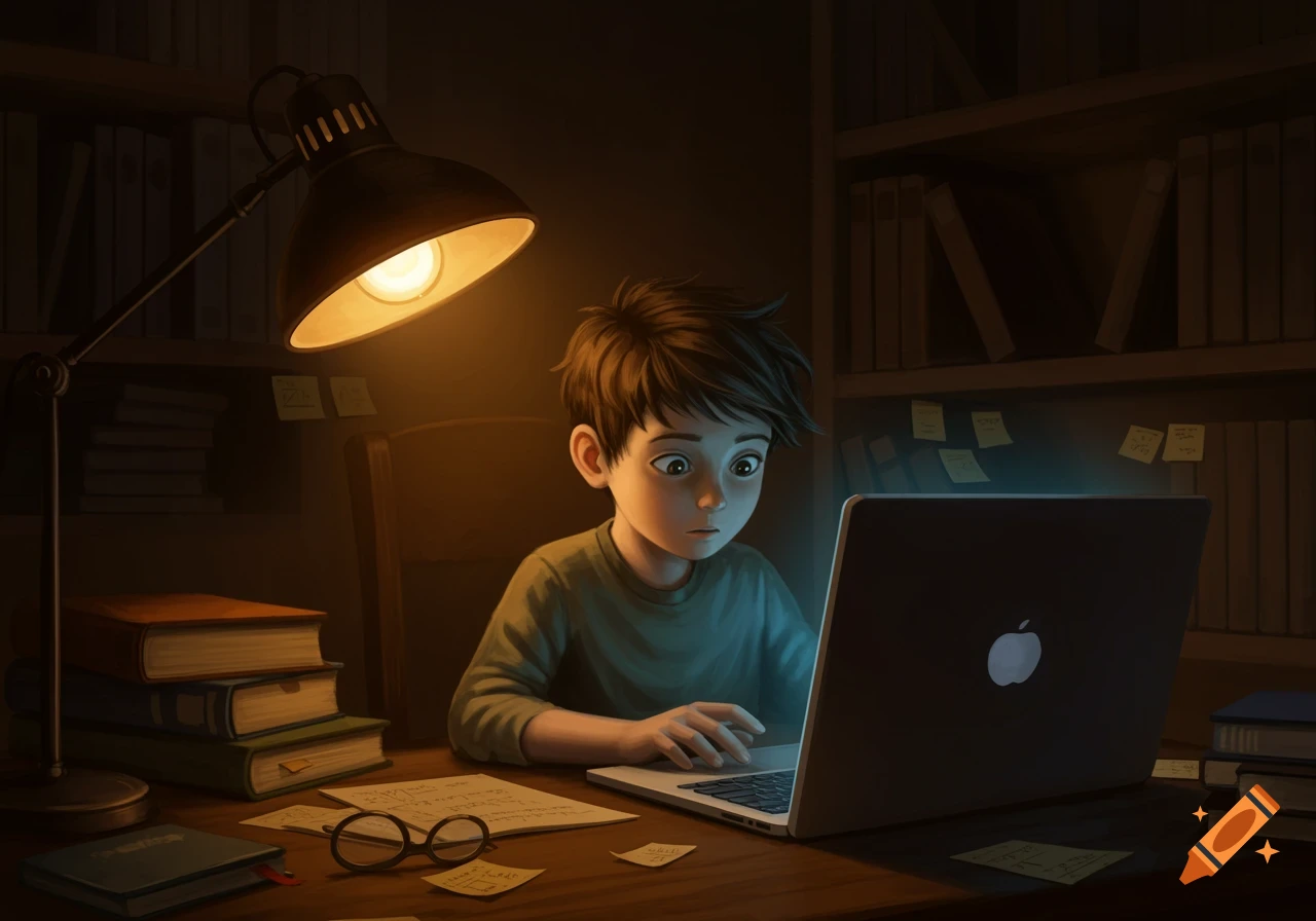 An illustrated boy with dark hair intently watches a laptop screen in a dimly lit room, with a desk lamp, books, and papers.