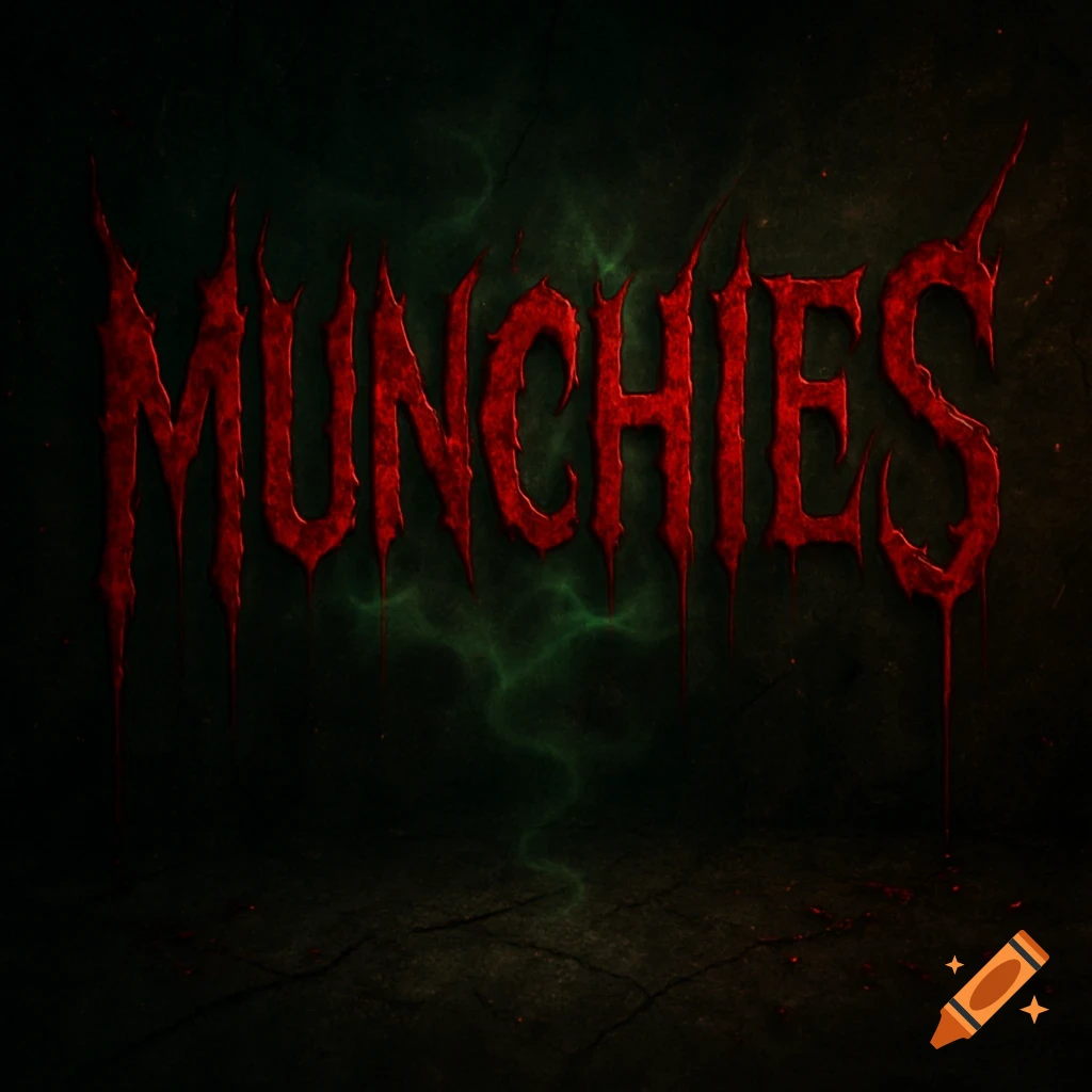 The word "MUNCHIES" in a blood-red, dripping horror font against a dark, cracked background with eerie green light.