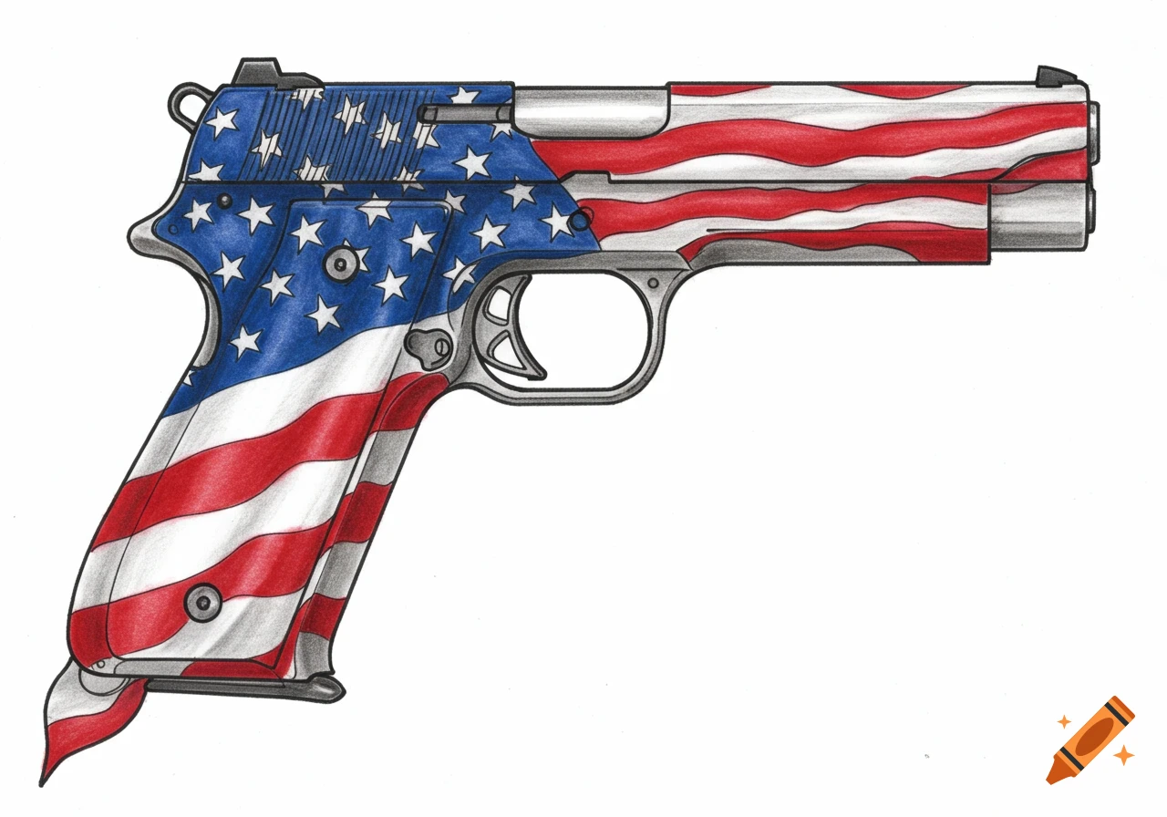 An illustration of a handgun featuring the American flag design on its body and grip.
