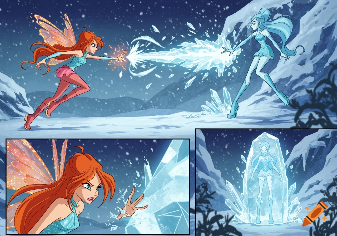 Bloom from Winx Club in a comic panel, battling Icy with magic, then frozen in ice in a snowy landscape.