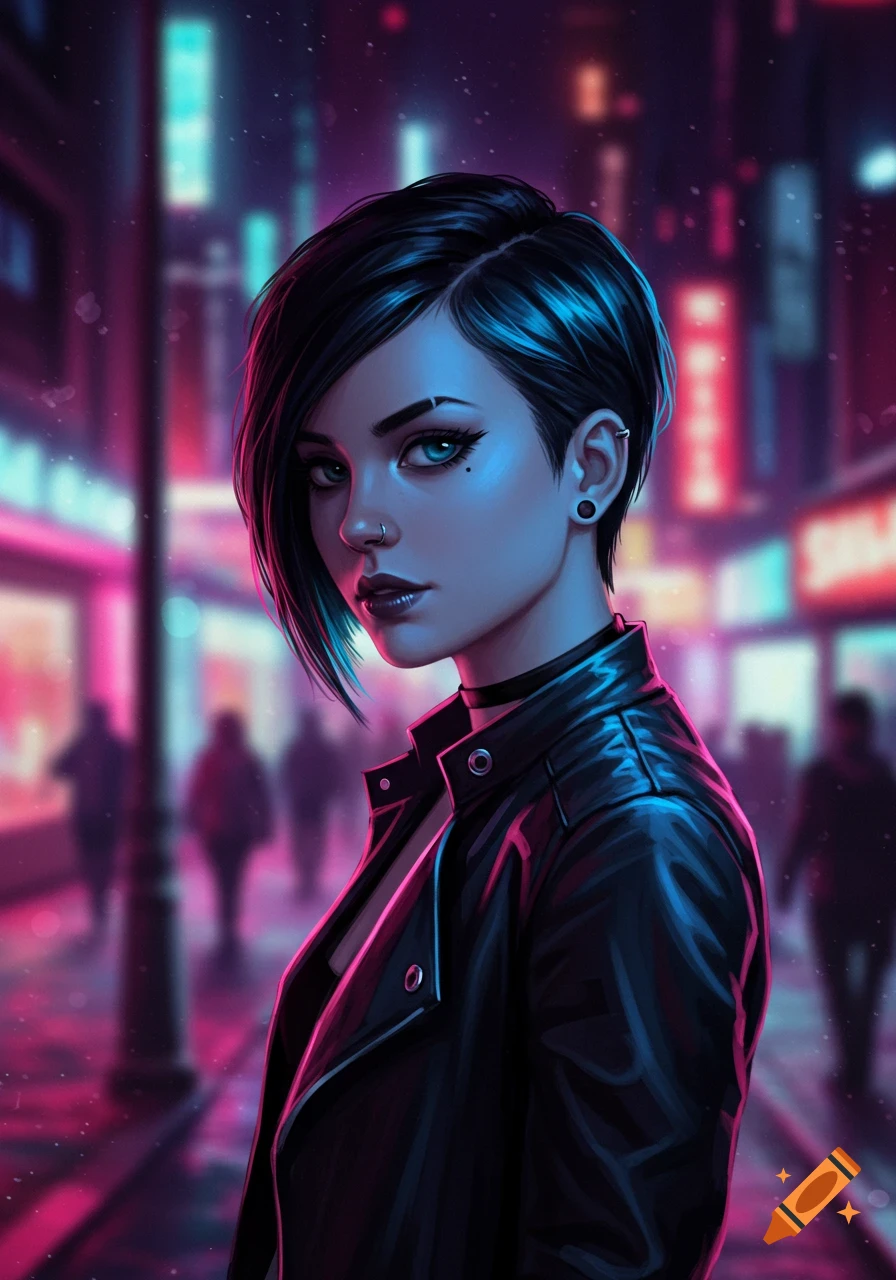 Stylized portrait of a young woman with short dark hair, leather jacket, and piercings, against a blurred neon city background.
