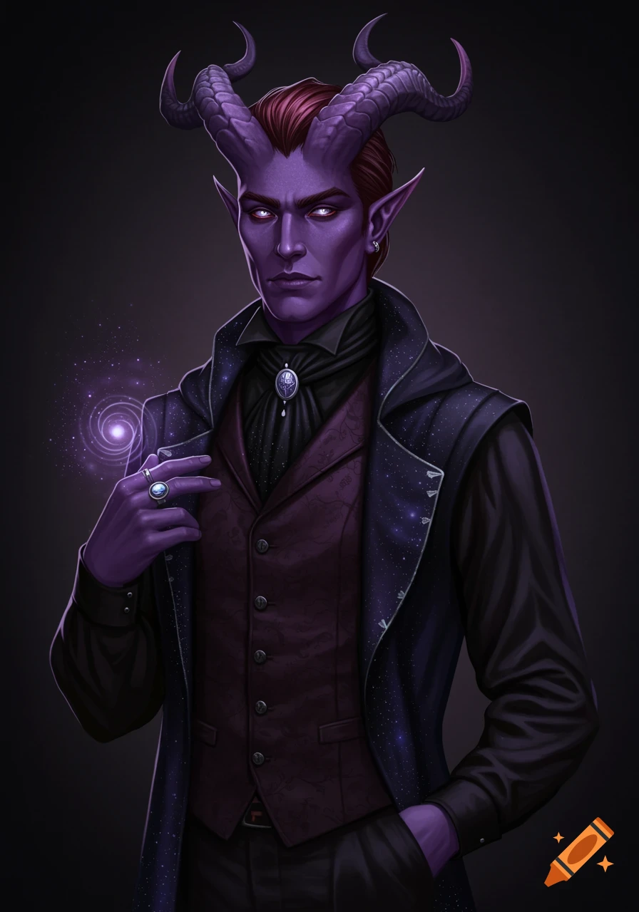 A semi-realistic fantasy painting of a purple-skinned male tiefling with dark red hair and large horns, wearing a dark formal suit and a starry cloak, holding a glowing purple orb.